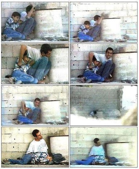 Secuencia del dramático asesinato del niño palestino de once años Muhammad al-Durra por soldados israelíes el 30 de septiembre del 2000 en las afueras de Gaza. Su padre, aunque recibió doce balazos, logró salvar la vida